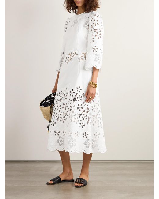 Dolce & Gabbana White Scalloped Broderie Anglaise Cotton-Poplin Midi Dress