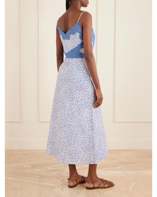Loretta Caponi Blue Palmira Floral-Print Lace-Trimmed Cotton Maxi Dress