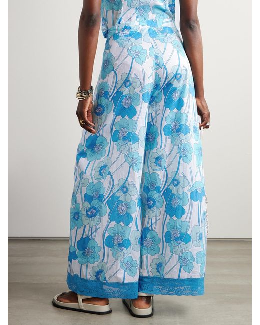 Loretta Caponi Blue Alexis Layered Lace-Trimmed Floral-Print Cotton-Voile Wide-Leg Pants