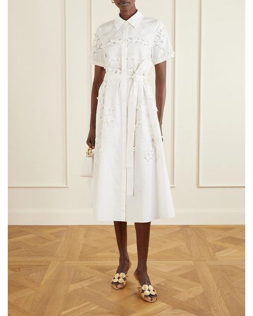 Carolina Herrera White Belted Embroidered Cotton-Blend Poplin Midi Shirt Dress