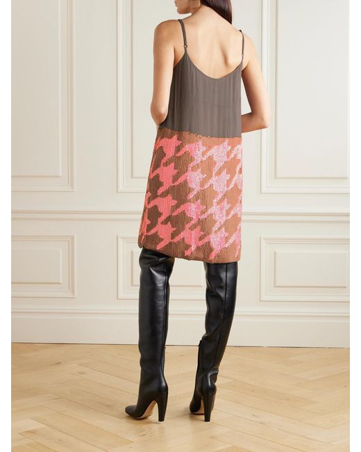 Dries Van Noten Brown Sequin-Embellished Houndstooth Crepe De Chine Midi Dress