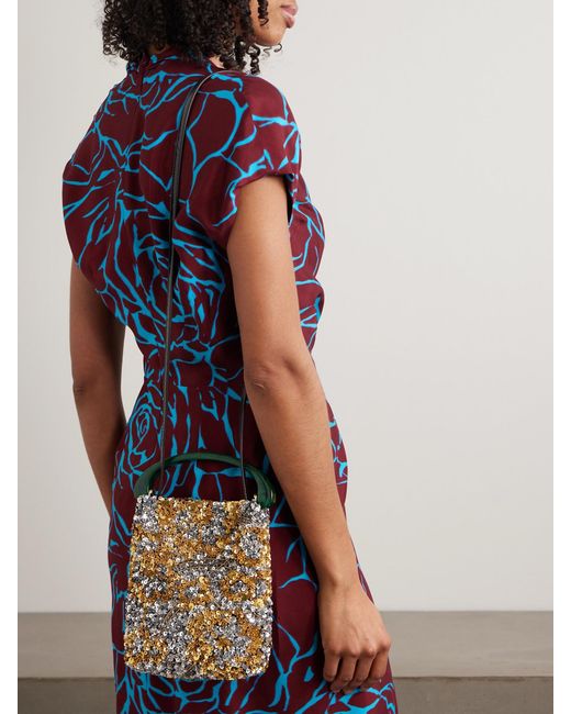Dries Van Noten Black Leather-Trimmed Embellished Satin-Crepe Shoulder Bag