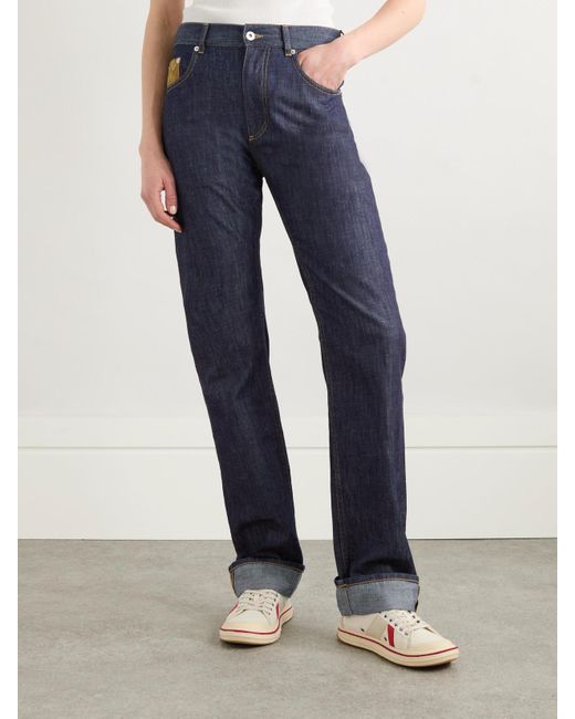Jean Droit Taille Mi-Haute À Finitions En Daim Intrecciato Bottega Veneta en coloris Blue