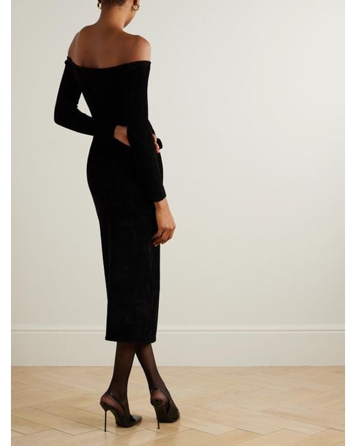 Self-Portrait Black Off-The-Shoulder Button-Embellished Chenille Midi Dress