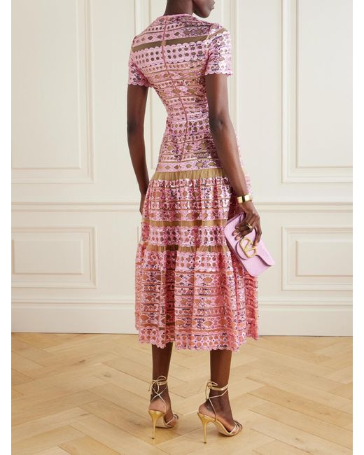Elie Saab Pink Tiered Embroidered Sequined Tulle Midi Dress