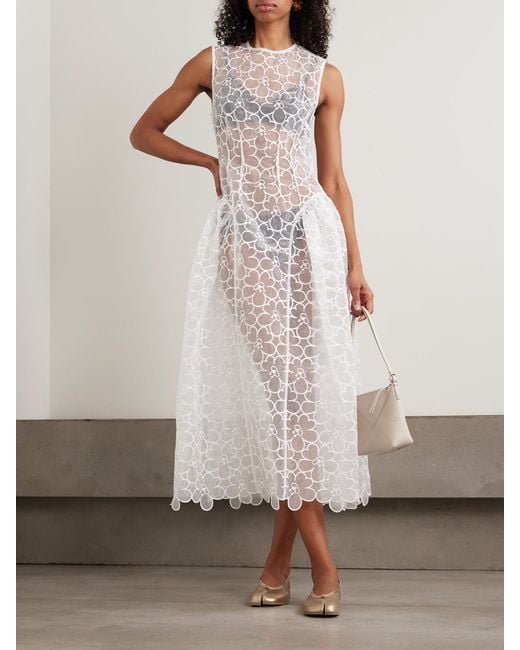 Cecilie Bahnsen Cate Embroidered Tulle Midi Dress in White | Lyst