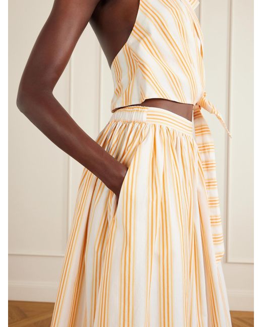Rosie Assoulin Natural Easy Does It Pleated Striped Cotton-Poplin Midi Skirt