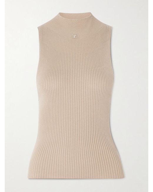 Courreges Natural Tanktop Aus Einer Gerippten Baumwoll-Merinowollmischung Mit Applikation