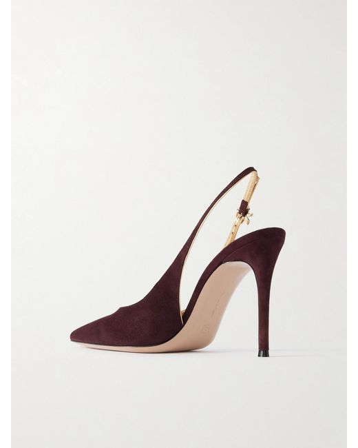 Gianvito Rossi Brown 95 Metallic Leather-Trimmed Suede Slingback Pumps