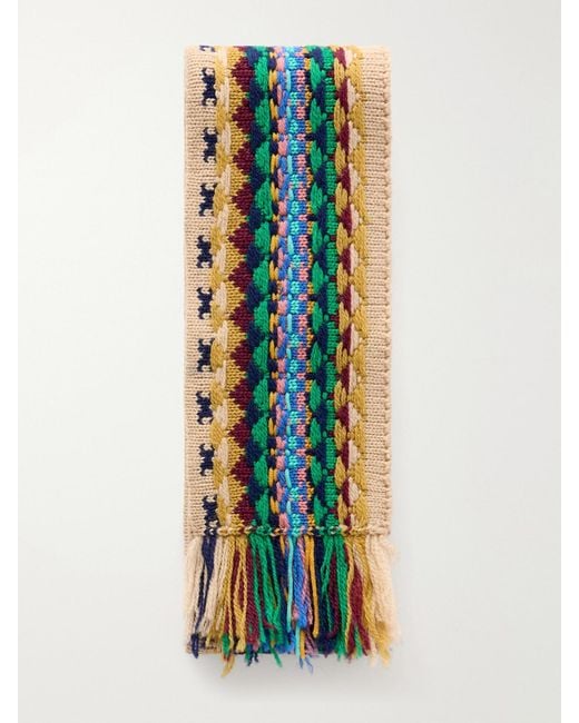 Dries Van Noten Blue Fringed Intrasia-Knit Wool Scarf