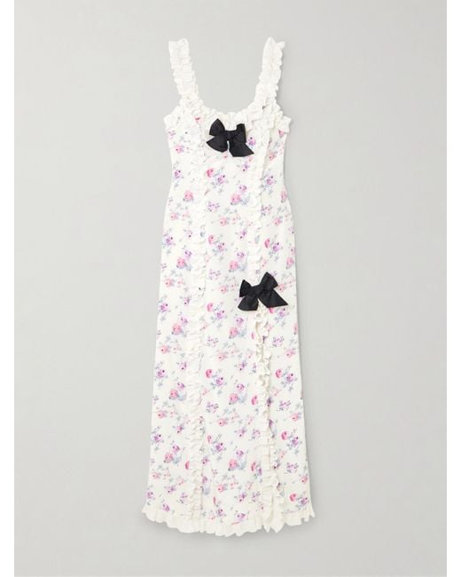 Alessandra Rich White Midikleid Aus Crêpe De Chine Aus Seide Mit Blumenprint, Rüschen Und Schleifen Aus Taft