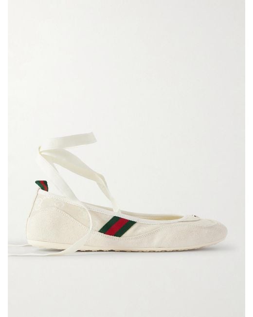 Gucci Natural Shift Webbing-Trimmed Canvas-Jacquard And Suede Ballet Flats