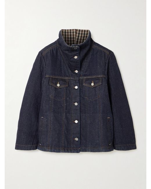 Ganni Blue Neppy Checked Tweed-Trimmed Organic Denim Jacket