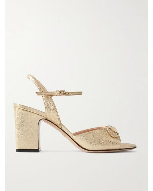 Gucci Natural Lady Horsebit Sandalen Aus Strukturiertem Metallic-Leder