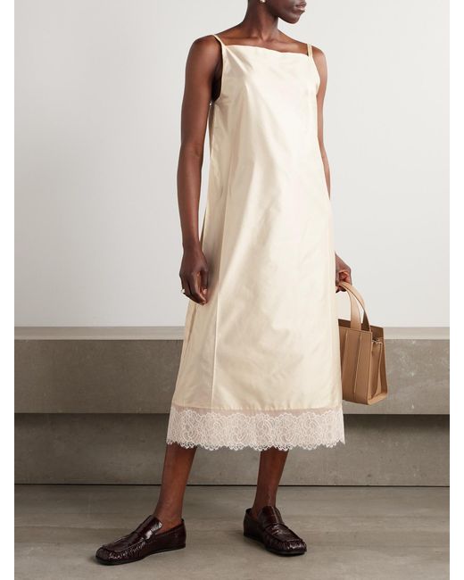 Carven Natural Chantilly Lace-Trimmed Satin Midi Dress