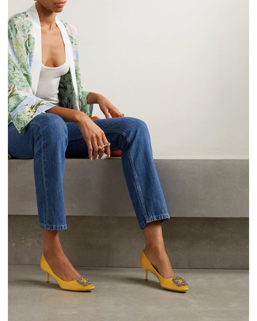 Manolo Blahnik Yellow Hangisi 50 Crystal-Embellished Satin Pumps