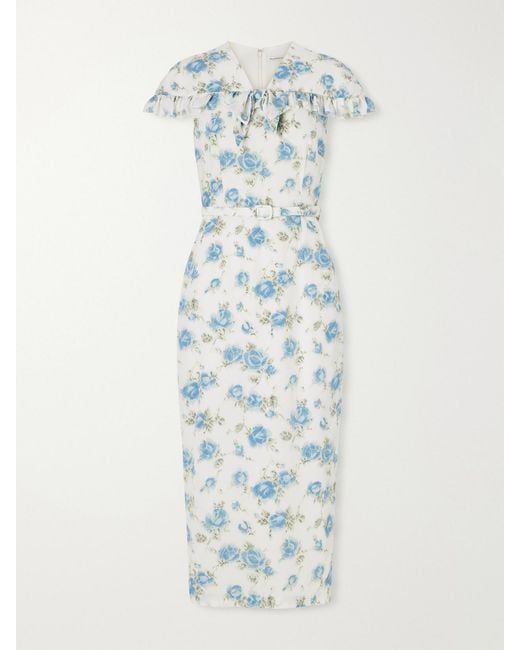 Alessandra Rich Blue Belted Floral-Print Ruffle-Trim Silk-Crepe Midi Dress