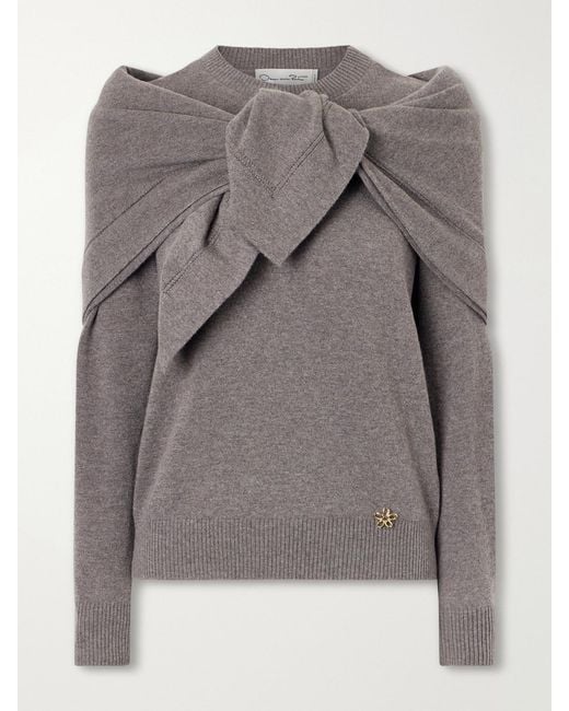 Oscar de la Renta Gray Scarf-Detailed Cashmere Sweater