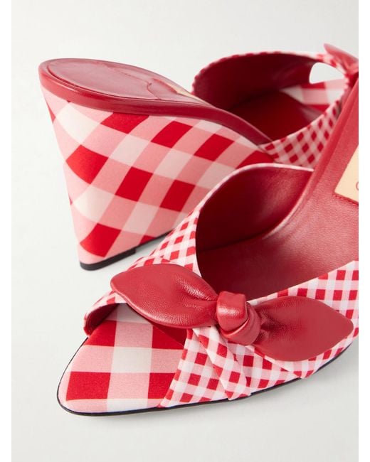 Jimmy Choo Red Livi 85 Leather-Trimmed Checked Wedge Mules