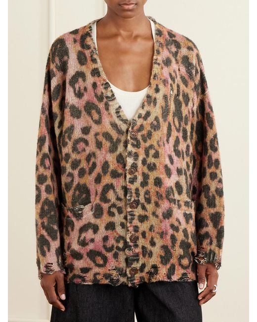 R13 Brown Distressed Animal-Print Cashmere Cardigan