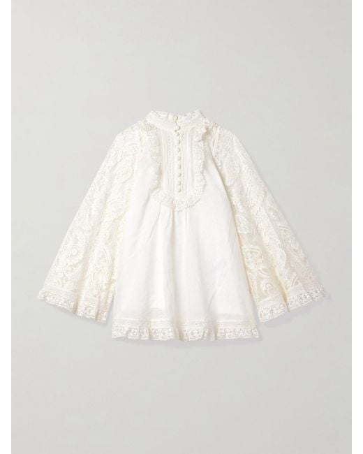 Zimmermann Natural Ascension Lace And Crochet-Trimmed Pintucked Ramie Blouse