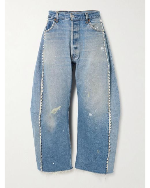 B Sides Blue Vintage Lasso High-Rise Lace-Trimmed Distressed Barrel-Leg Jeans