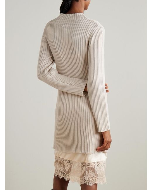 Staud Natural Willow Layered Lace-Trimmed Satin And Ribbed Wool-Blend Midi Dress
