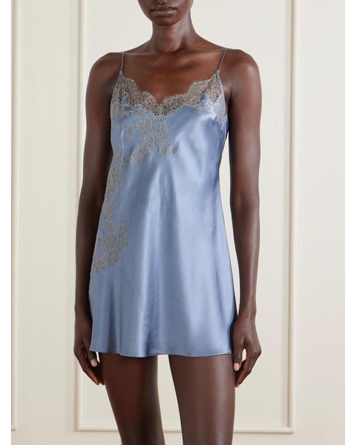 Carine Gilson Blue Lace-Embroidered Silk-Satin Mini Dress