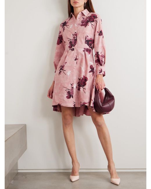 Erdem Pink Mini-Hemdblusenkleid Aus Baumwollpopeline Mit Blumenprint Und Falten