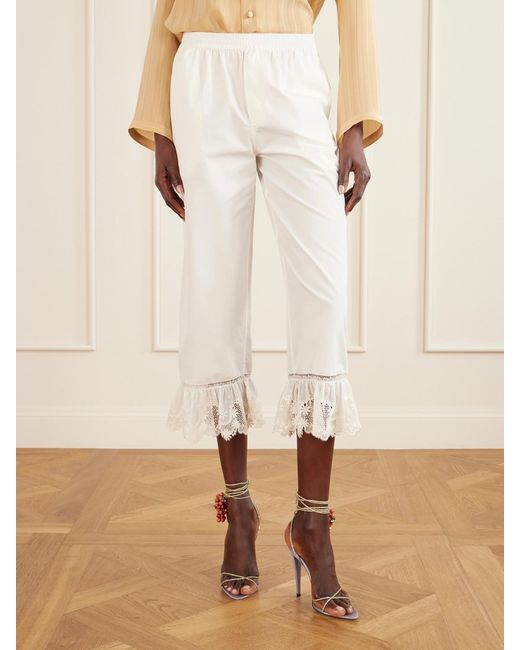 Saint Laurent White Cropped Ruffled Lace-Trimmed Cotton-Poplin Straight-Leg Pants