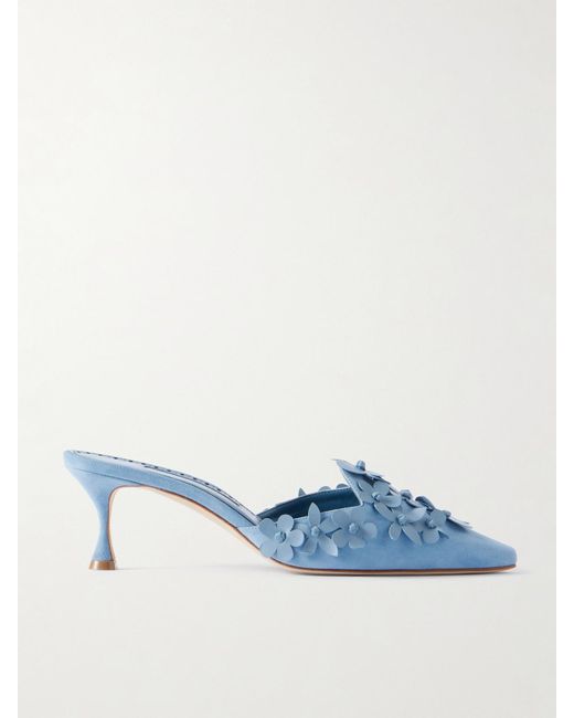 Manolo Blahnik Blue Harnes 50 Mules Aus Veloursleder Mit Applikationen
