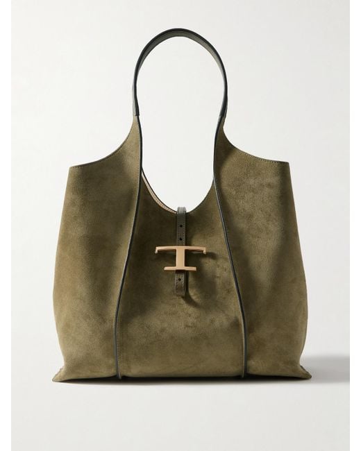 Tod's Green T Media Leather-Trimmed Suede Tote