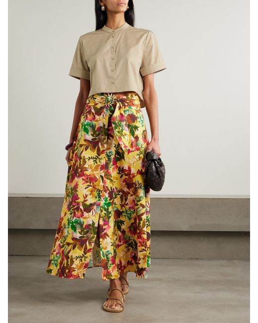 Saloni Yellow Neesha Belted Floral-Print Cotton Midi Skirt