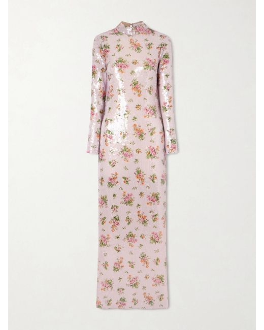 Brandon Maxwell Pink Floral-Print Sequined Crepe Gown
