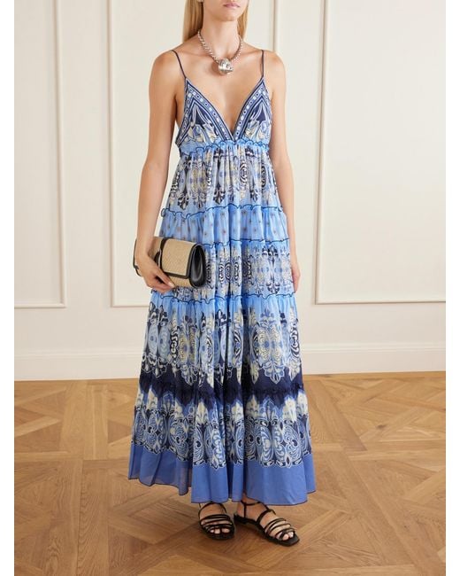 LaDoubleJ Blue Nymph Tiered Printed Cotton Maxi Dress