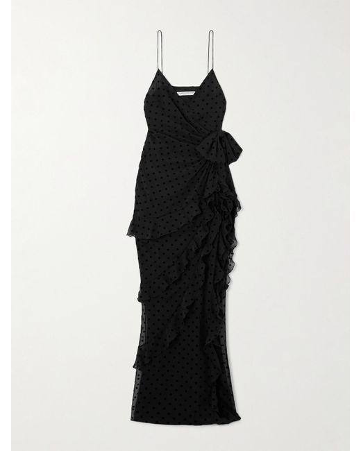 Alessandra Rich Black Ruffled Flocked Silk-Chiffon Gown