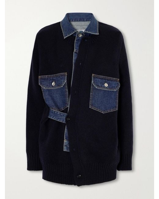 Sacai Blue Denim-Trimmed Wool-Blend Cardigan