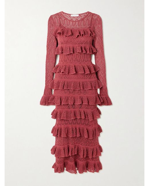 Zimmermann Red Wanderlust Ruffled Open-Knit Maxi Dress