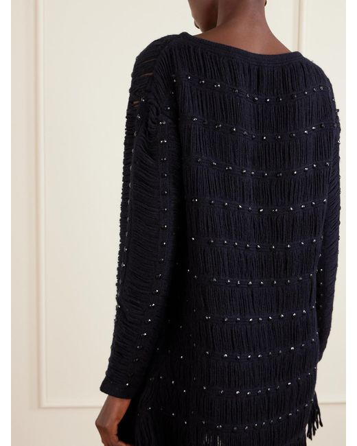 DIOTIMA Blue Notte Fringed Embellished Open-Knit Merino Wool-Blend Mini Dress