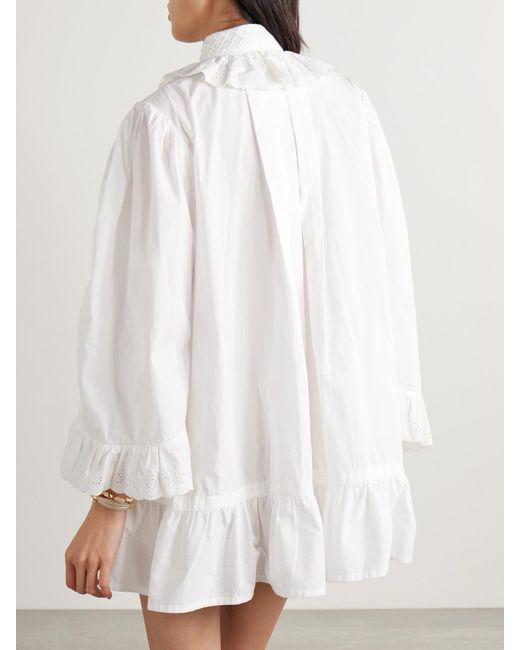 Bode White Petaluma Crochet-Trimmed Pintucked Cotton-Poplin Mini Shirt Dress