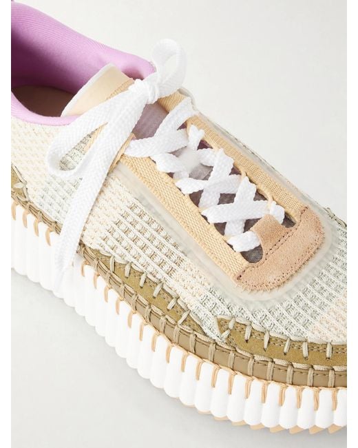 Chloé Natural Nama Embroidered Suede And Recycled-Mesh Sneakers