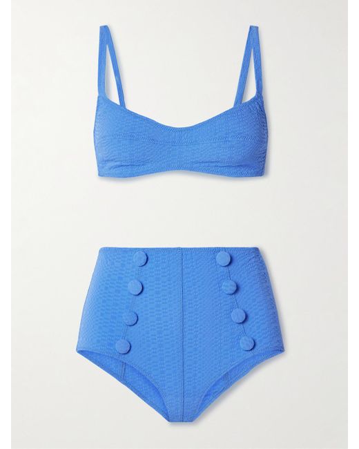 Lisa Marie Fernandez Blue Button-Embellished Seersucker Bikini