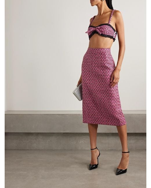 Alessandra Rich Pink Embellished Frayed Chiffon-Trimmed Metallic Tweed Bralette