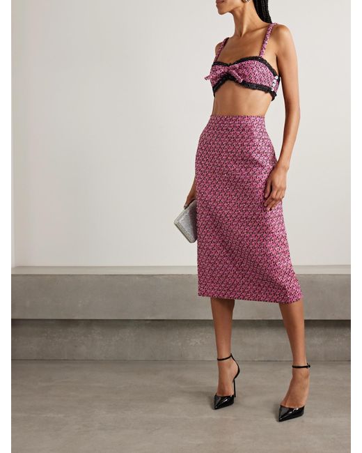 Alessandra Rich Pink Embellished Frayed Chiffon-Trimmed Metallic Tweed Bralette