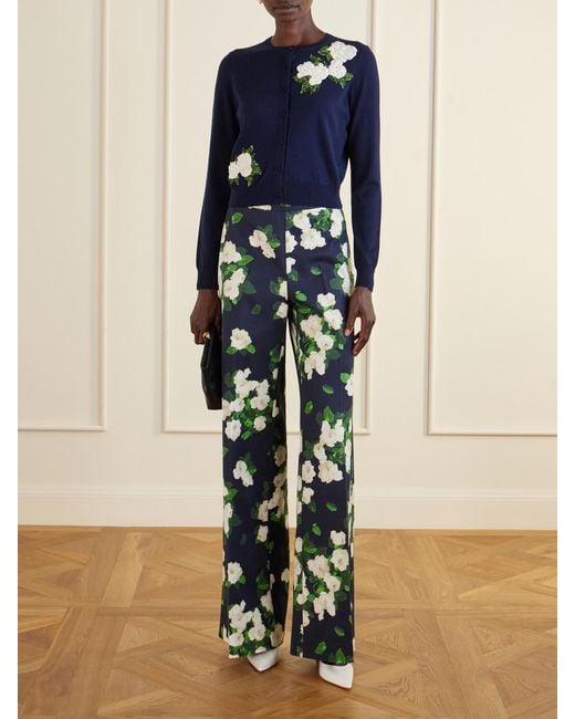 Carolina Herrera Blue Diane Floral-Print High-Rise Cotton-Blend Wide-Leg Pants