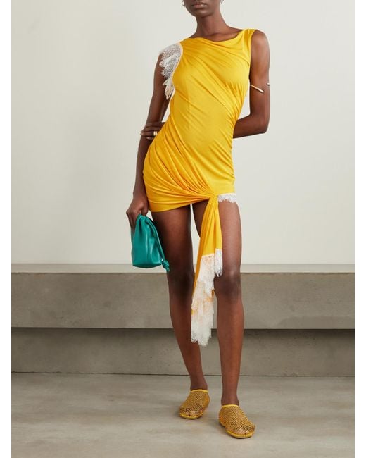 Christopher Esber Yellow Galathea Asymmetrisches Minikleid Aus Crêpe De Chine Mit Spitzenbesätzen