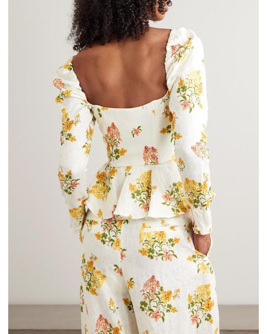 Agua Bendita Metallic Bromelia Cordillera Floral-Print Linen Peplum Top