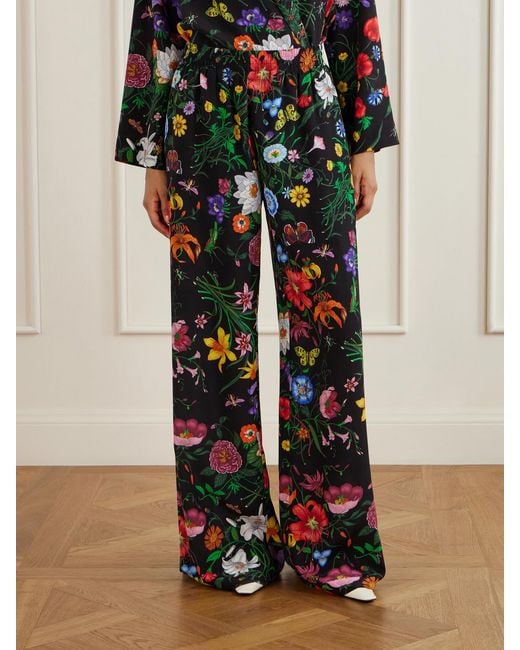 Gucci White Flora Printed Silk-Twill Wide-Leg Pants