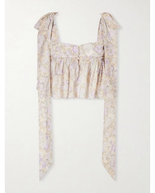 Chloé White Bow-Detailed Ruffled Floral-Print Cotton-Poplin Top