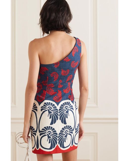 LaDoubleJ Blue One-Shoulder Printed Cotton-Blend Mini Dress